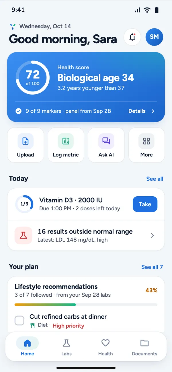 Yovitai home screen: a health score of 72 with a biological age of 34, quick actions to upload or log a metric, today's vitamin D dose with a Take button, and lifestyle recommendations.